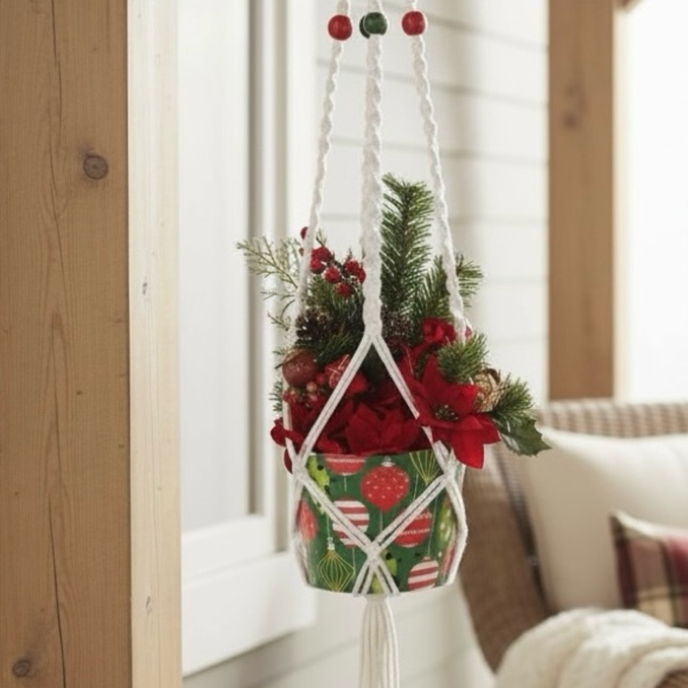 Plant Hanger Hand Crafted Macrame Christmas Red Green White Holiday